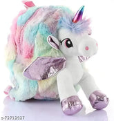 Multi-colored unicorn plush backpack for kids, spacious, comfortable with adjustable straps and zipper closure